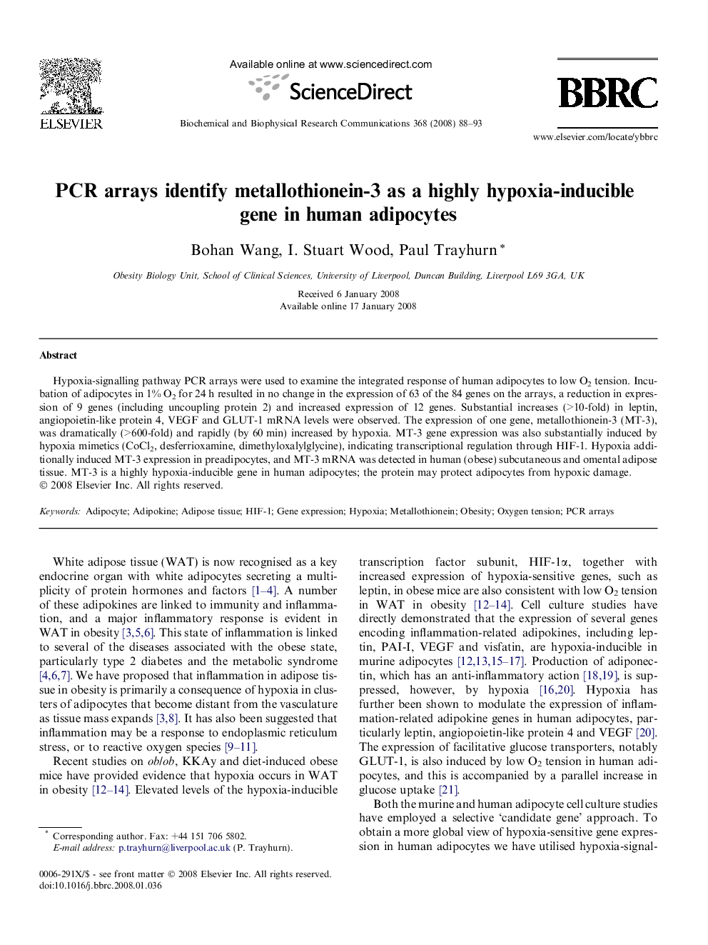 PCR arrays identify metallothionein-3 as a highly hypoxia-inducible gene in human adipocytes