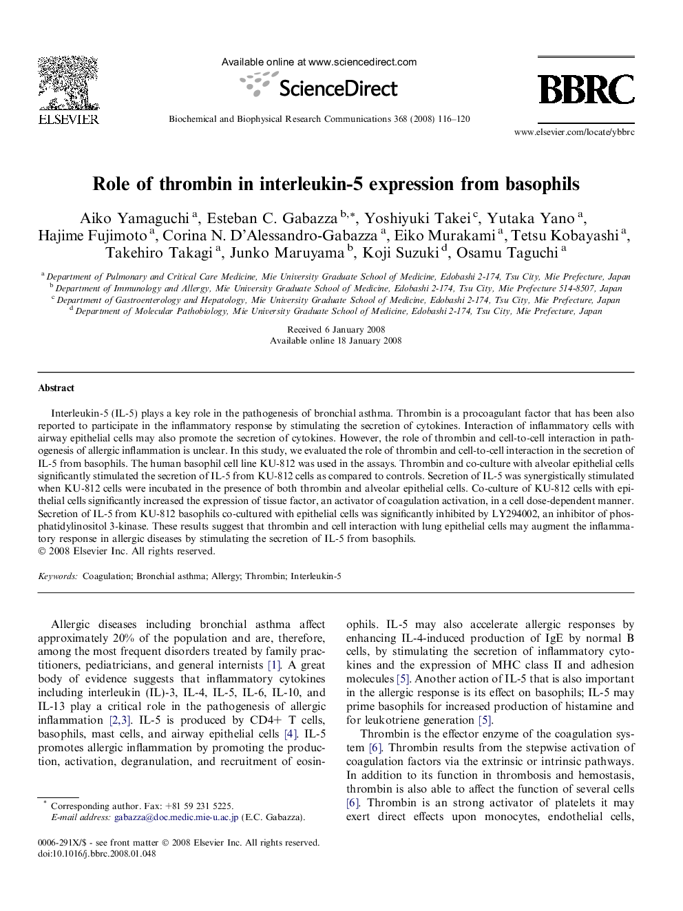 Role of thrombin in interleukin-5 expression from basophils