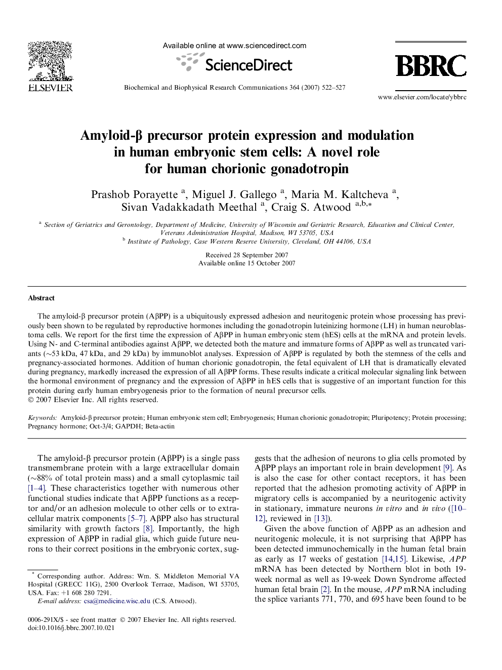 Amyloid-Î² precursor protein expression and modulation in human embryonic stem cells: A novel role for human chorionic gonadotropin