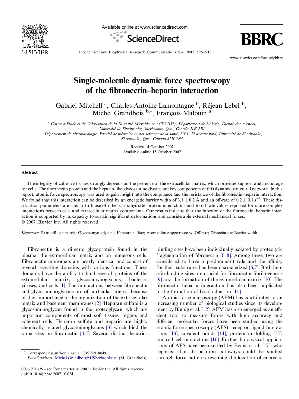 Single-molecule dynamic force spectroscopy of the fibronectin-heparin interaction