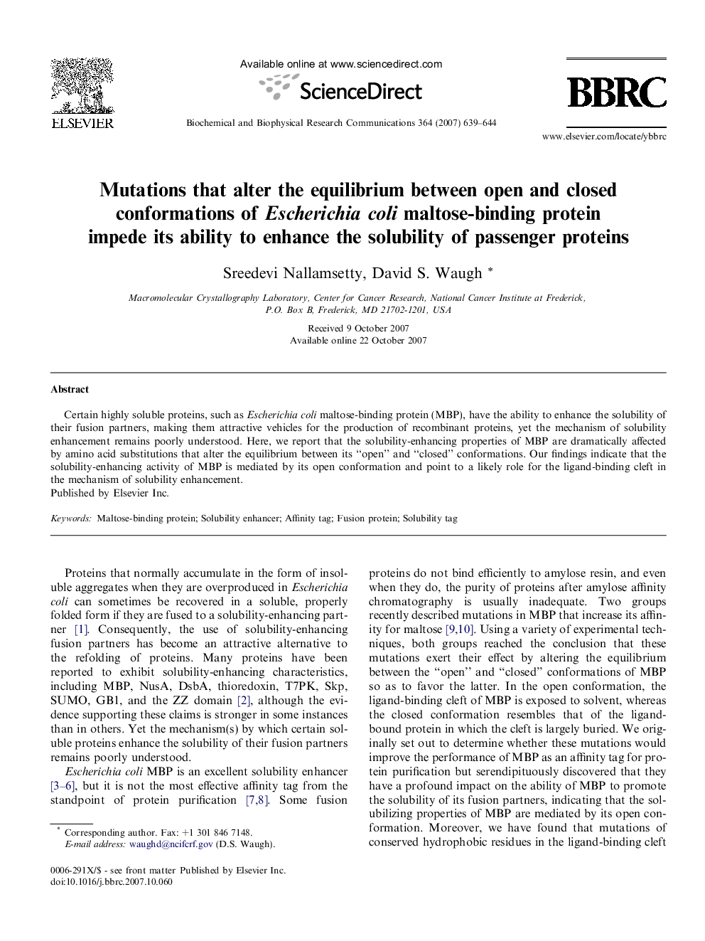 Mutations that alter the equilibrium between open and closed conformations of Escherichia coli maltose-binding protein impede its ability to enhance the solubility of passenger proteins