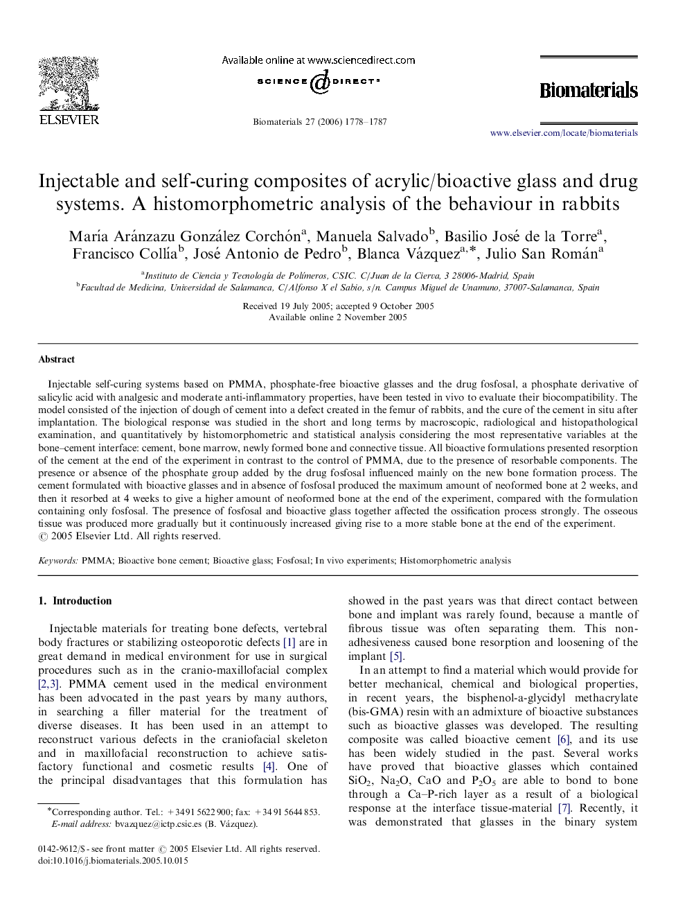 Injectable and self-curing composites of acrylic/bioactive glass and drug systems. A histomorphometric analysis of the behaviour in rabbits