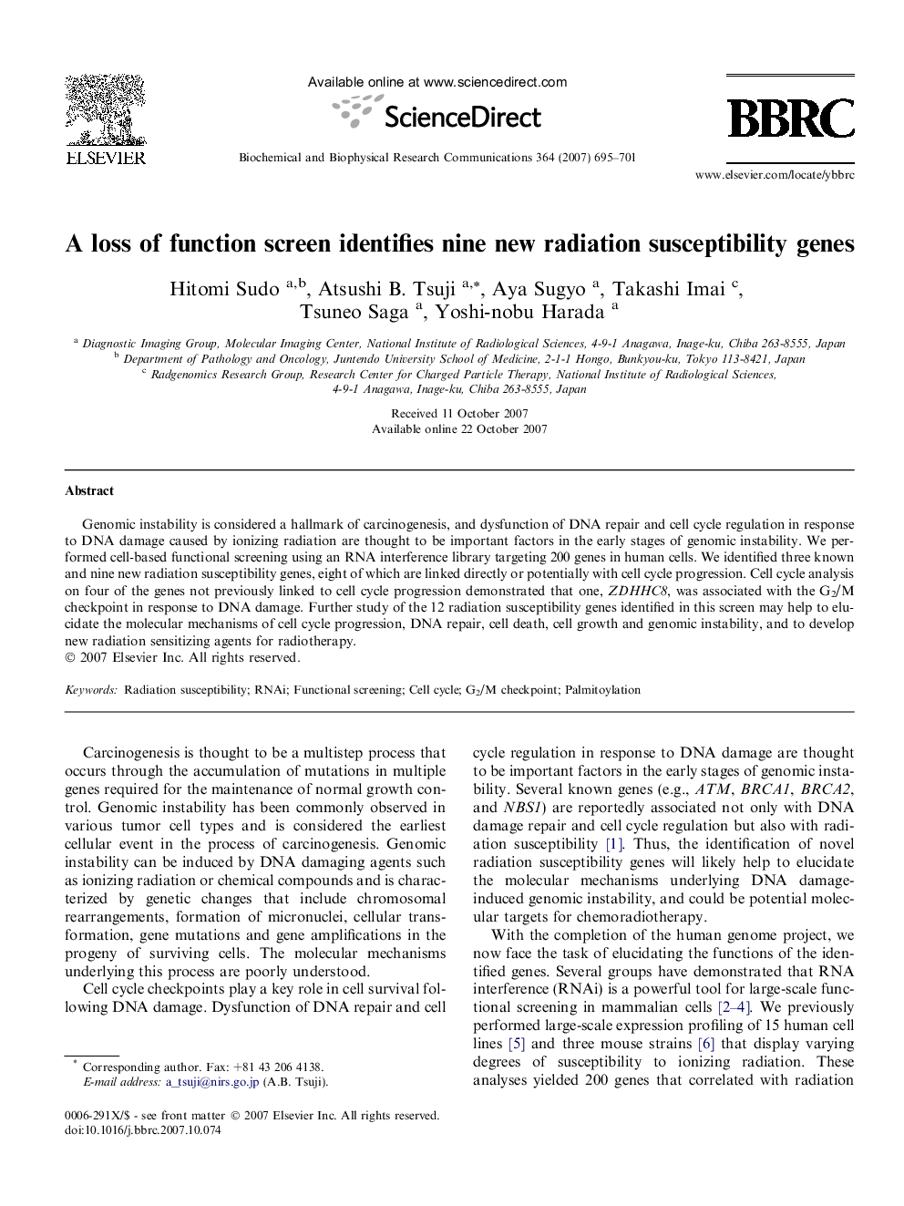 A loss of function screen identifies nine new radiation susceptibility genes