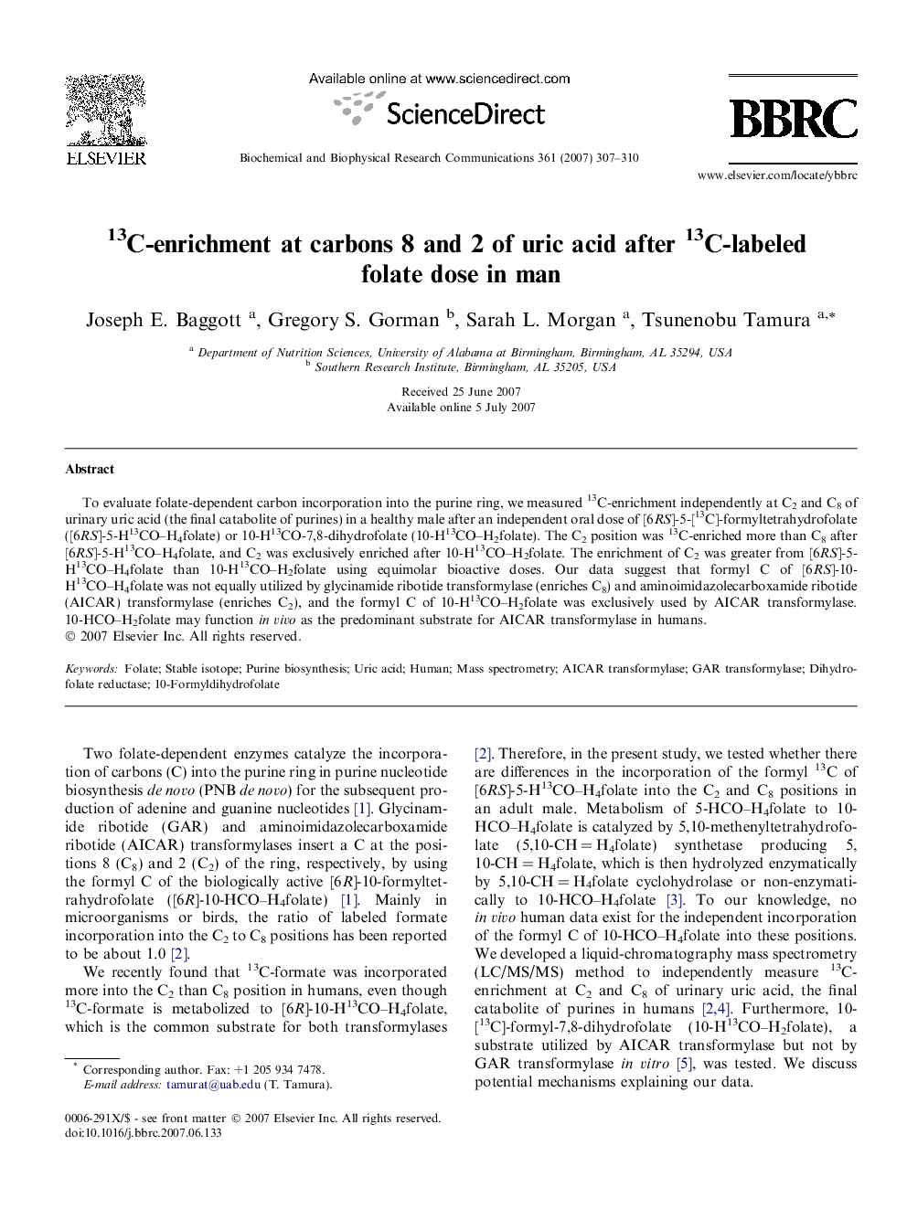 13C-enrichment at carbons 8 and 2 of uric acid after 13C-labeled folate dose in man