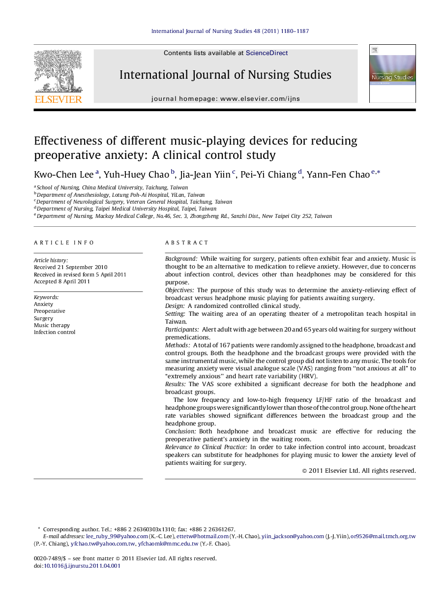 Effectiveness of different music-playing devices for reducing preoperative anxiety: A clinical control study