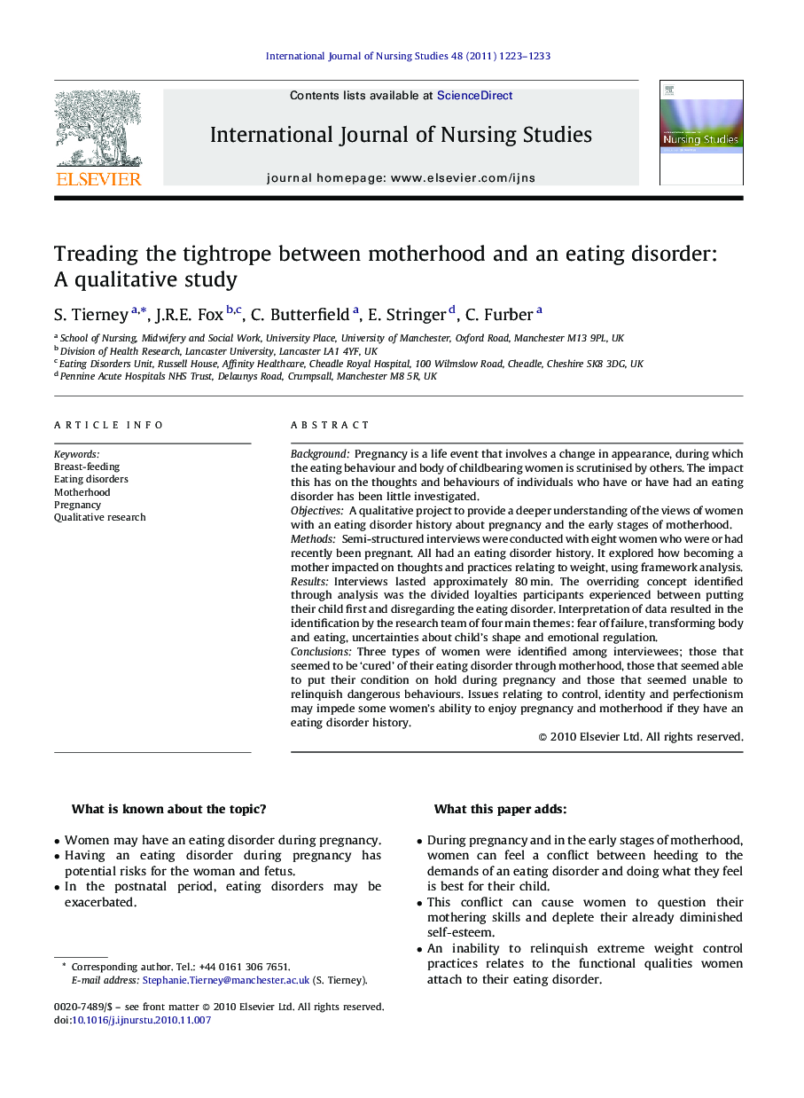 Treading the tightrope between motherhood and an eating disorder: A qualitative study