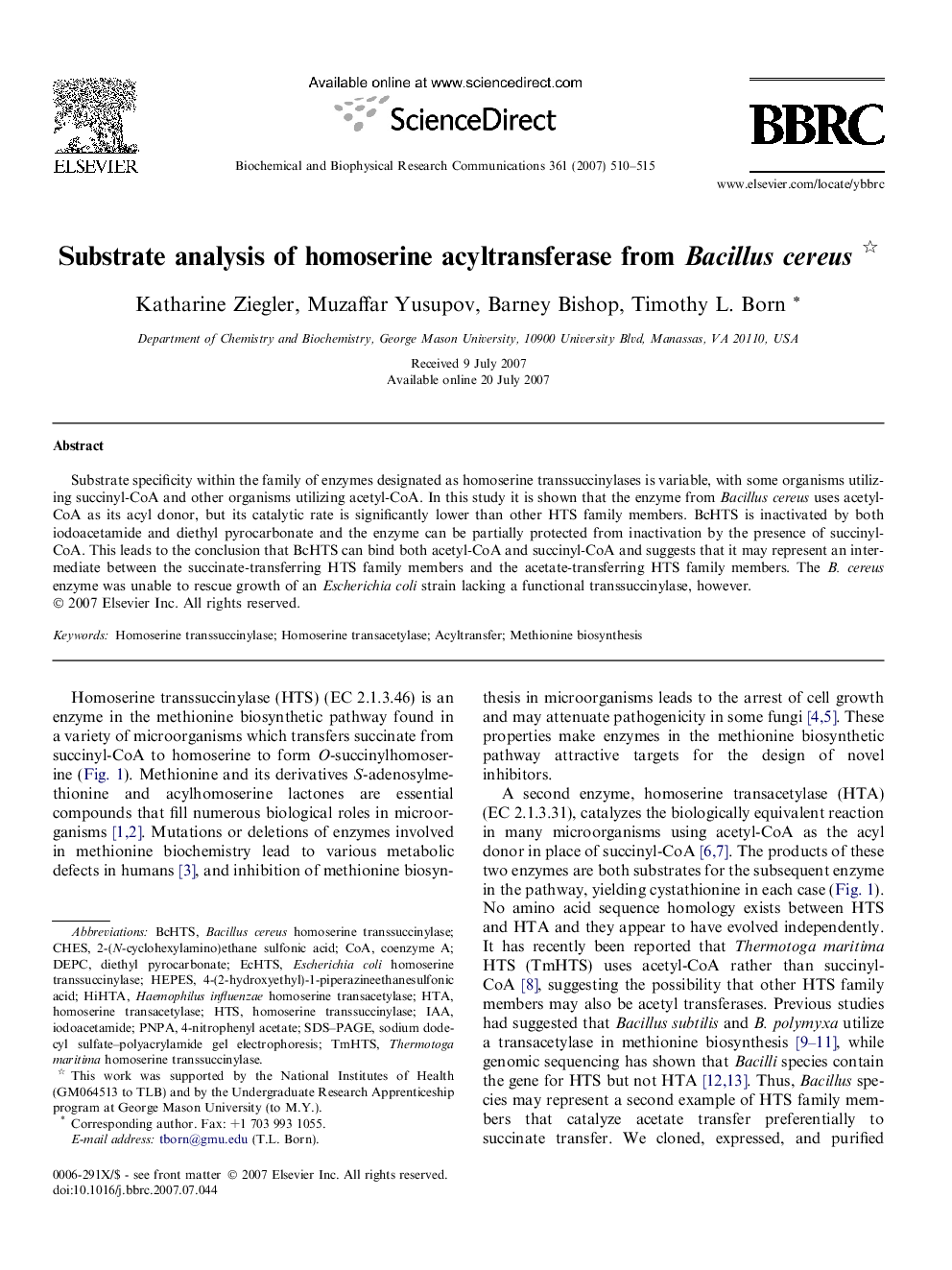عکس صفحه اول مقاله: Substrate analysis of homoserine acyltransferase from Bacillus cereus Substrate analysis of homoserine acyltransferase from Bacillus cereus