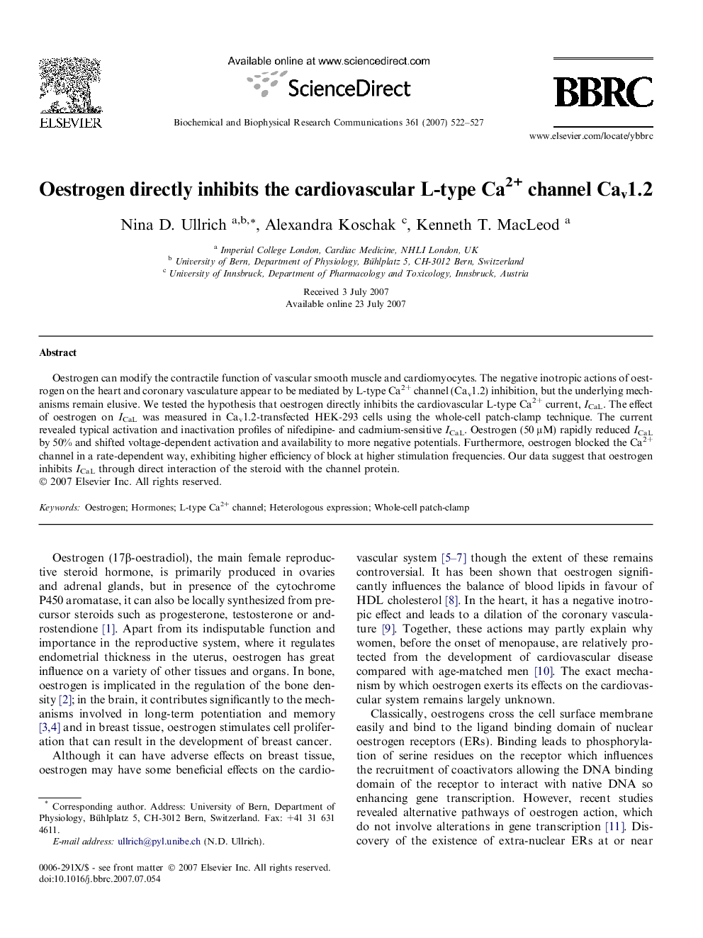 Oestrogen directly inhibits the cardiovascular L-type Ca2+ channel Cav1.2