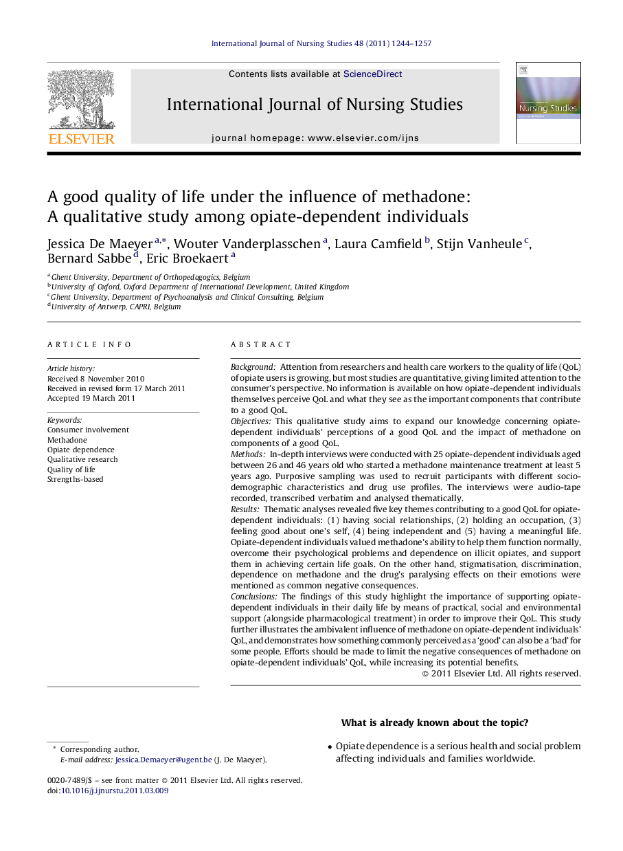 A good quality of life under the influence of methadone: A qualitative study among opiate-dependent individuals