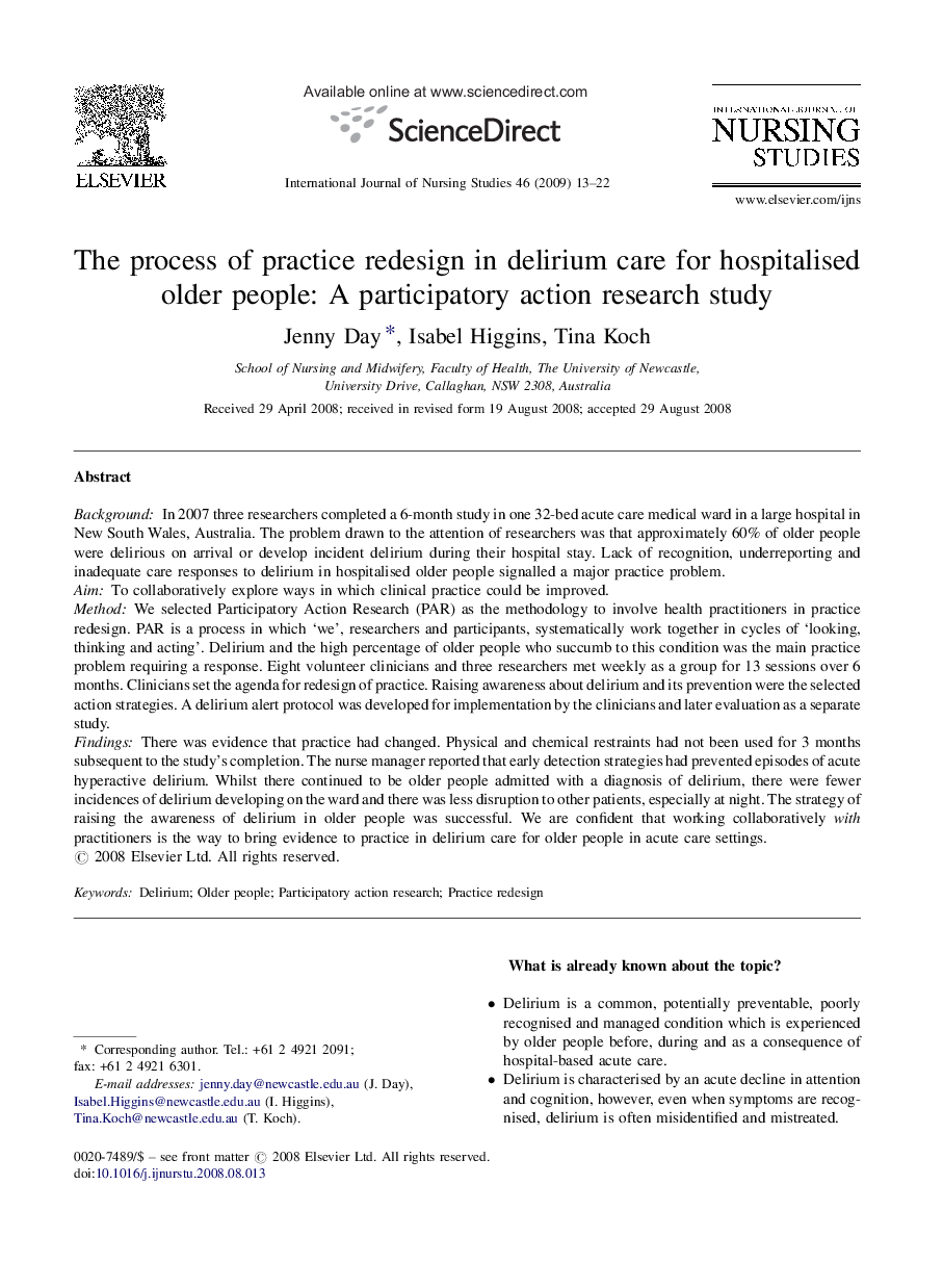 The process of practice redesign in delirium care for hospitalised older people: A participatory action research study