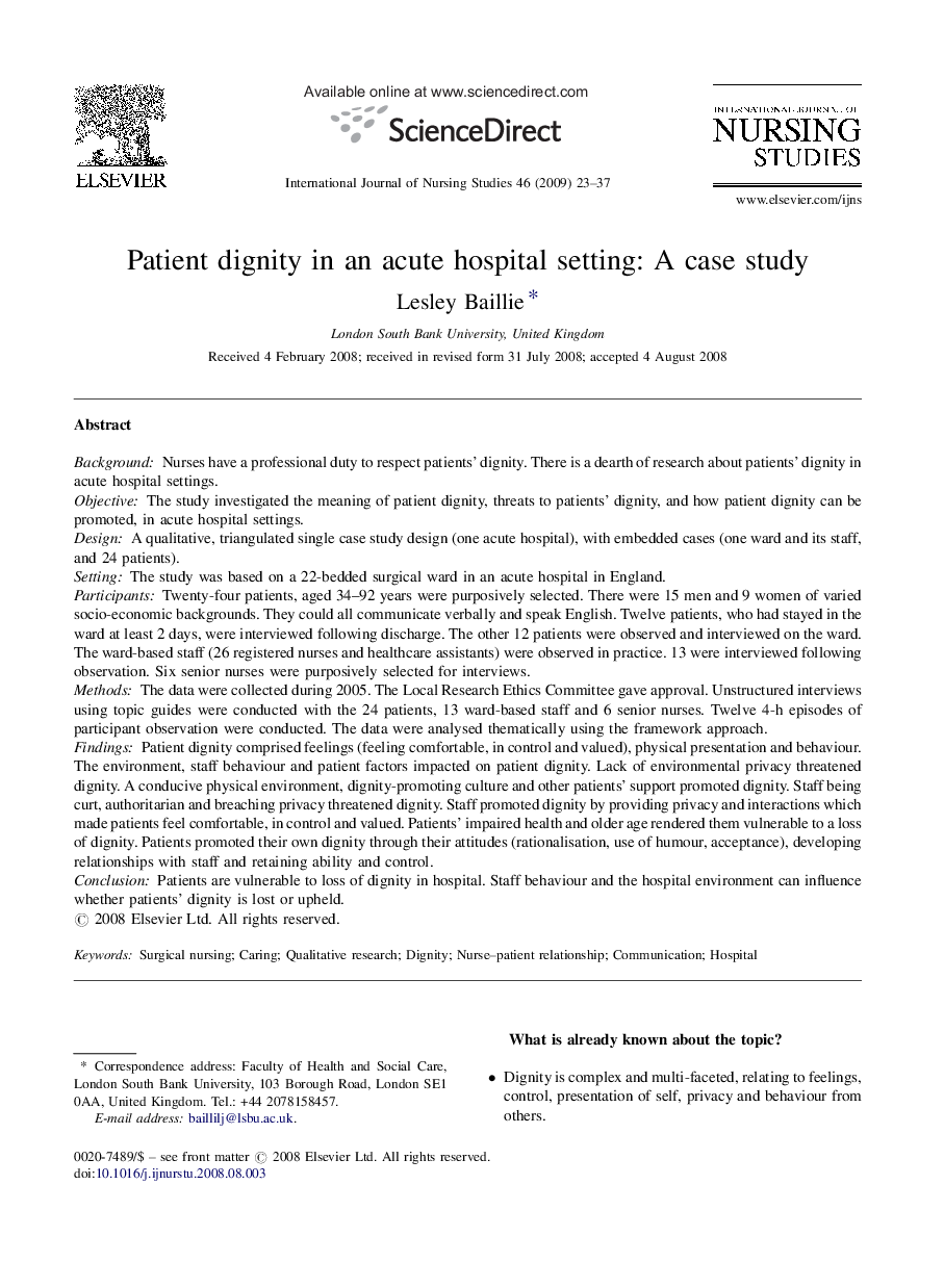 Patient dignity in an acute hospital setting: A case study