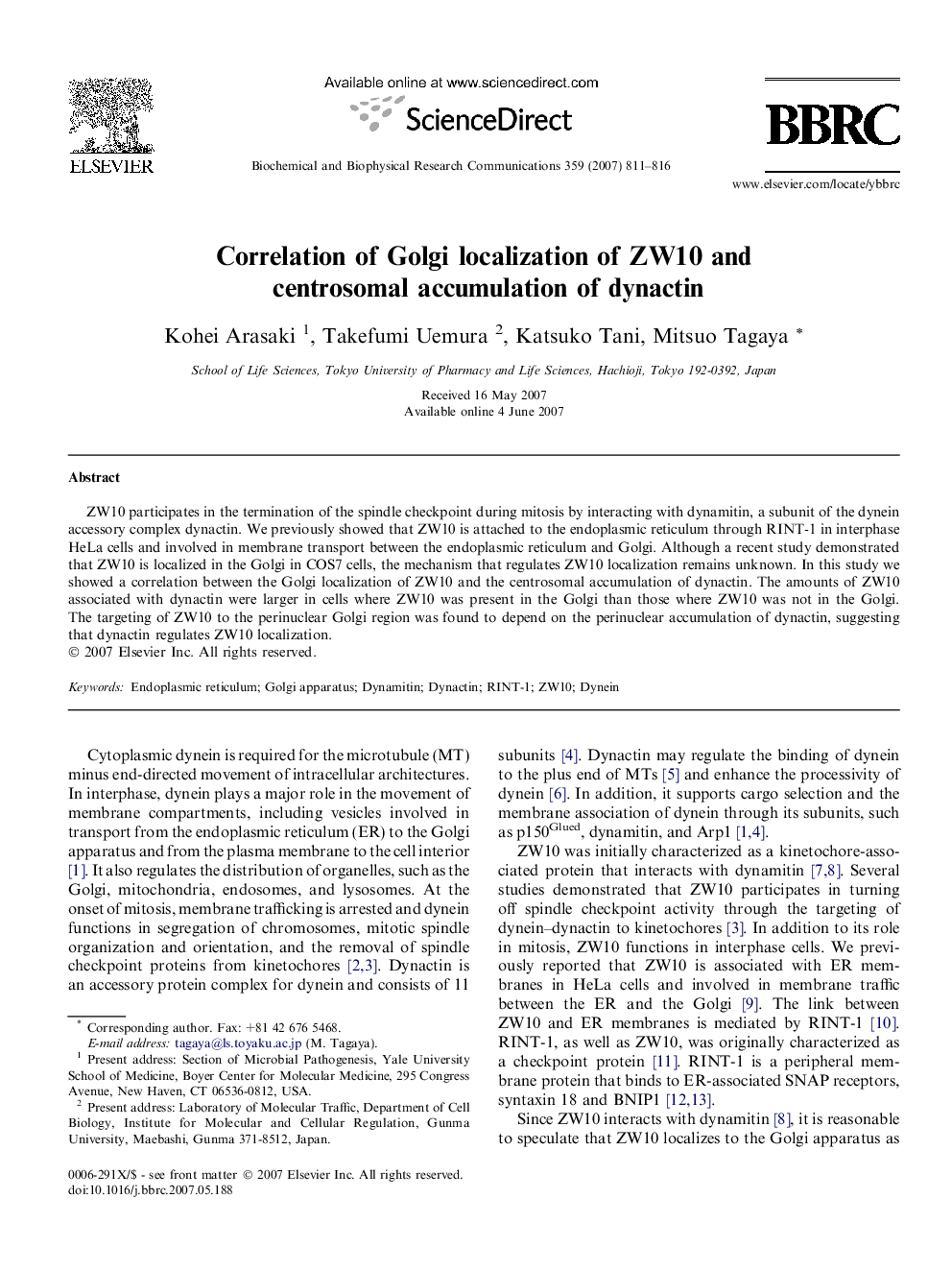 Correlation of Golgi localization of ZW10 and centrosomal accumulation of dynactin