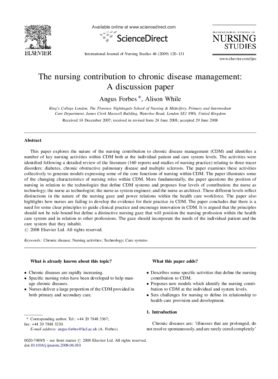 The nursing contribution to chronic disease management: A discussion paper