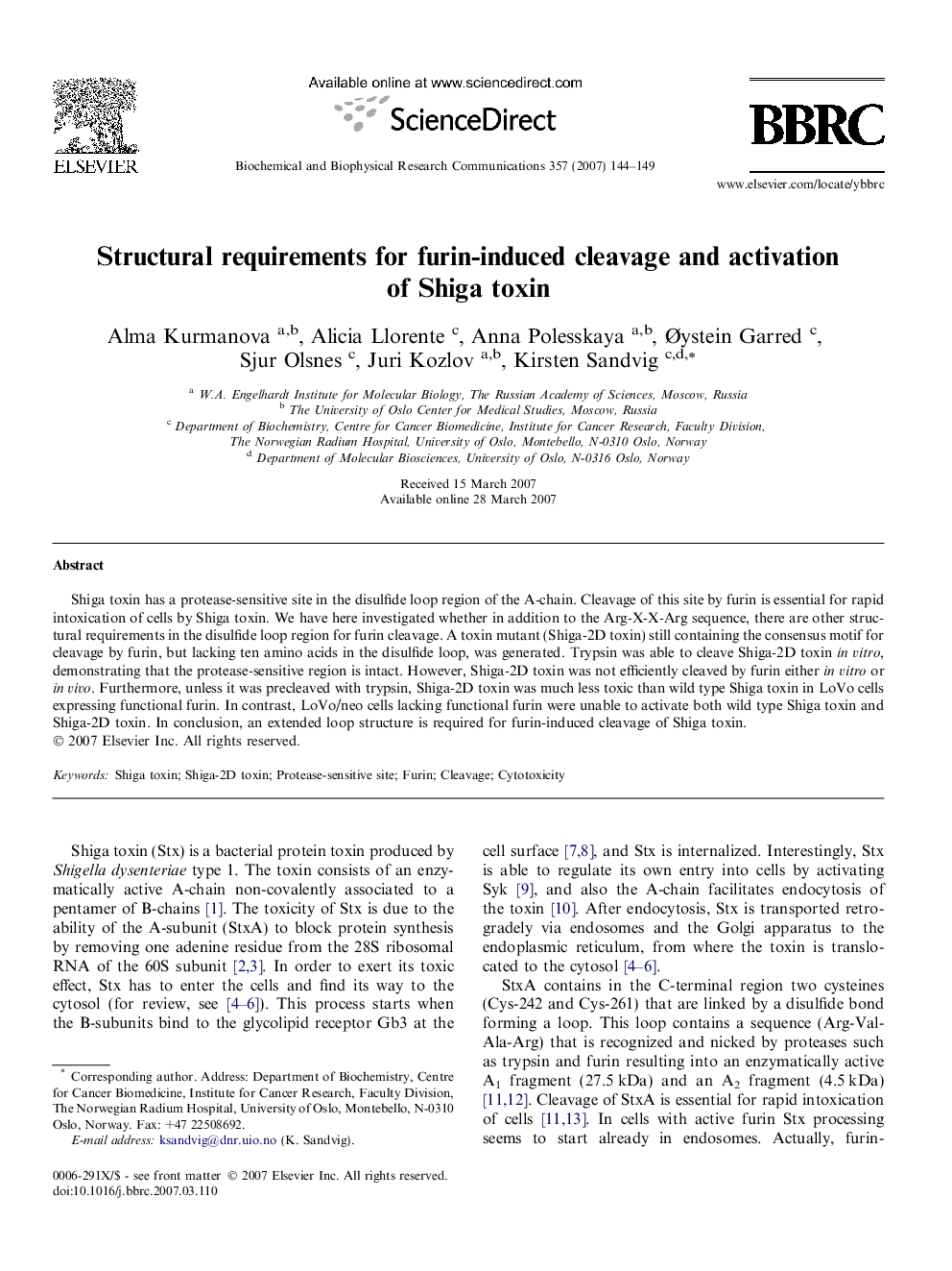 Structural requirements for furin-induced cleavage and activation of Shiga toxin