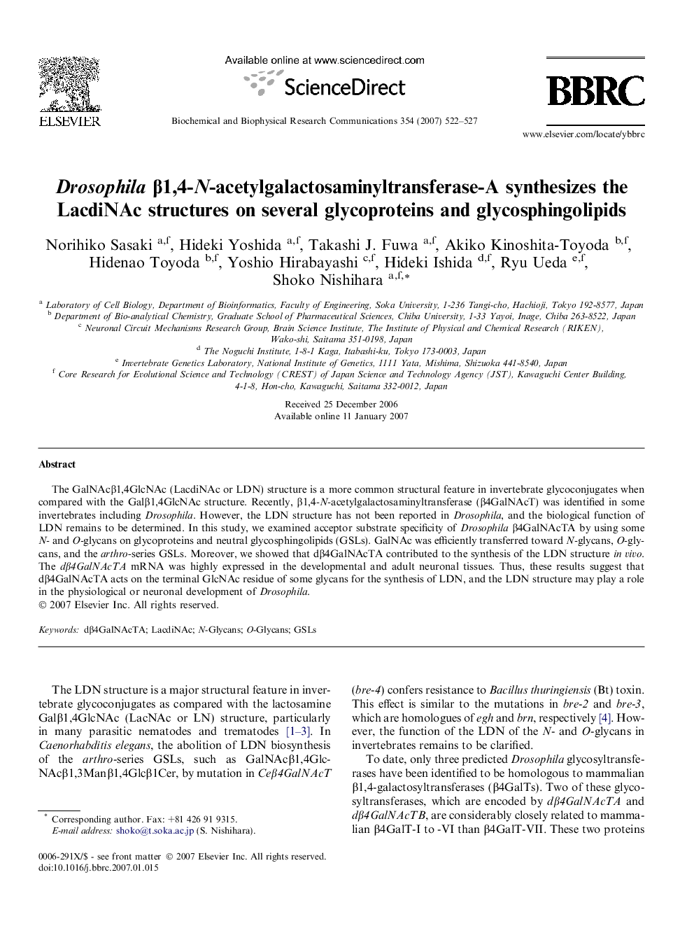 Drosophila Î²1,4-N-acetylgalactosaminyltransferase-A synthesizes the LacdiNAc structures on several glycoproteins and glycosphingolipids