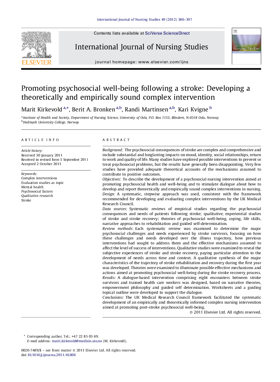 Promoting psychosocial well-being following a stroke: Developing a theoretically and empirically sound complex intervention