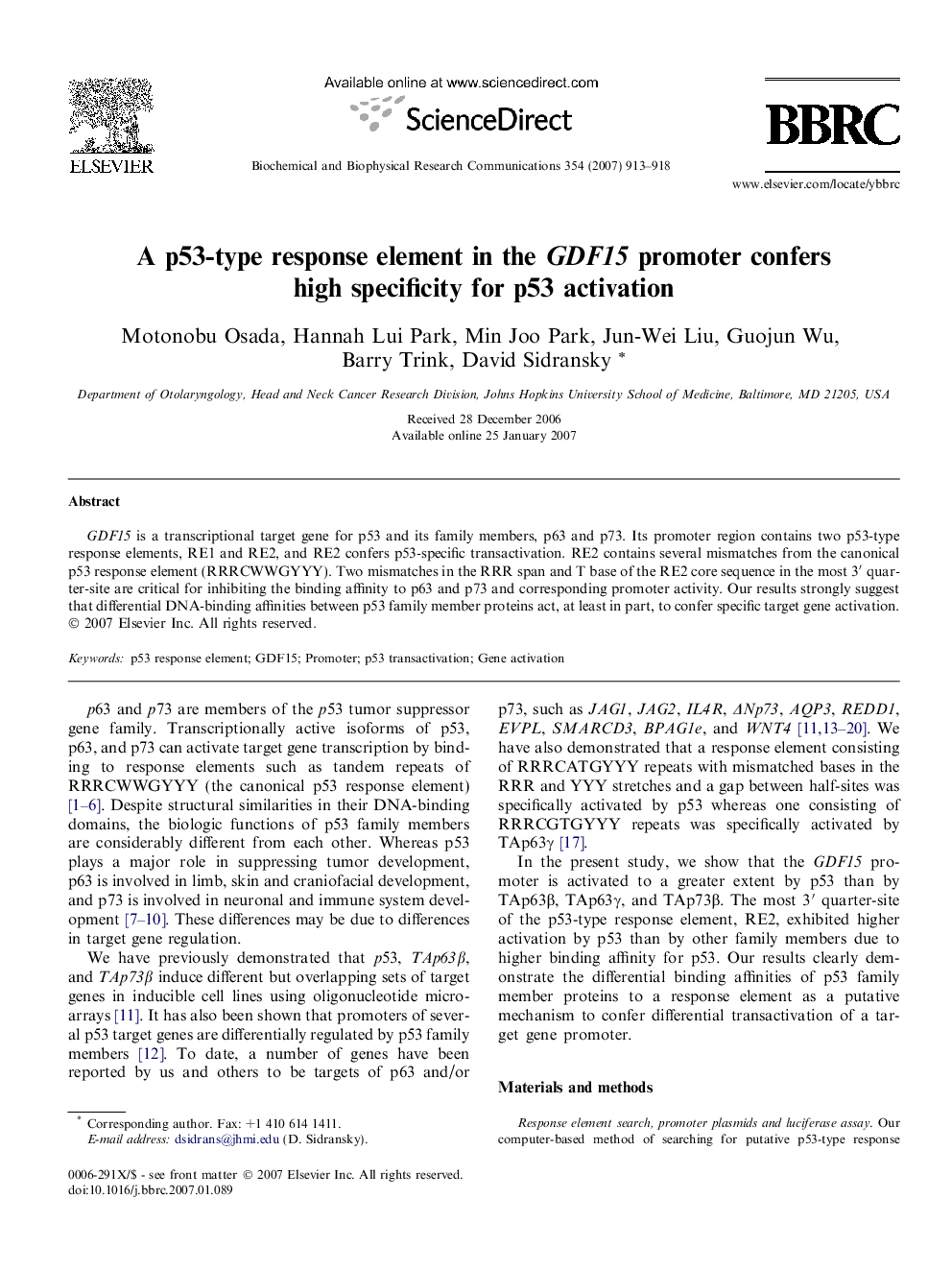 A p53-type response element in the GDF15 promoter confers high specificity for p53 activation