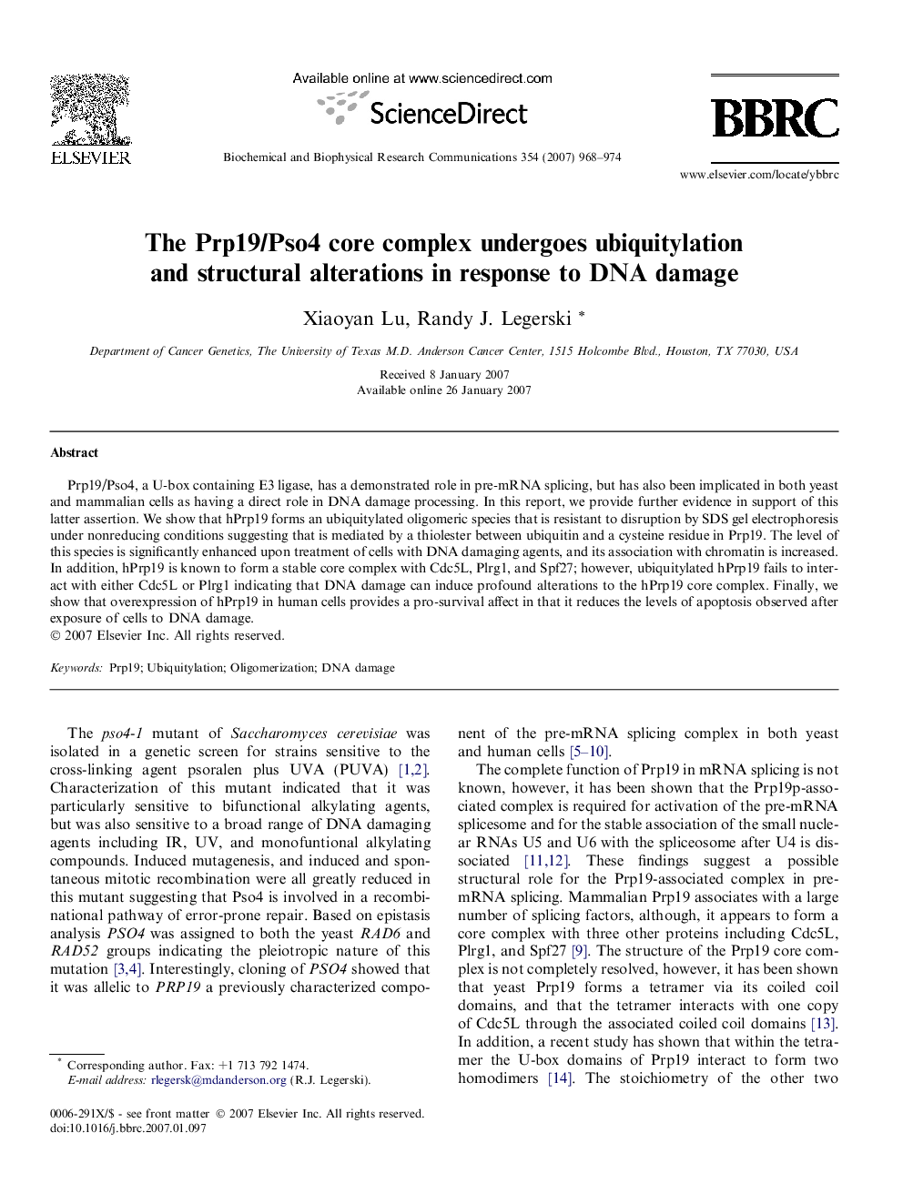 The Prp19/Pso4 core complex undergoes ubiquitylation and structural alterations in response to DNA damage