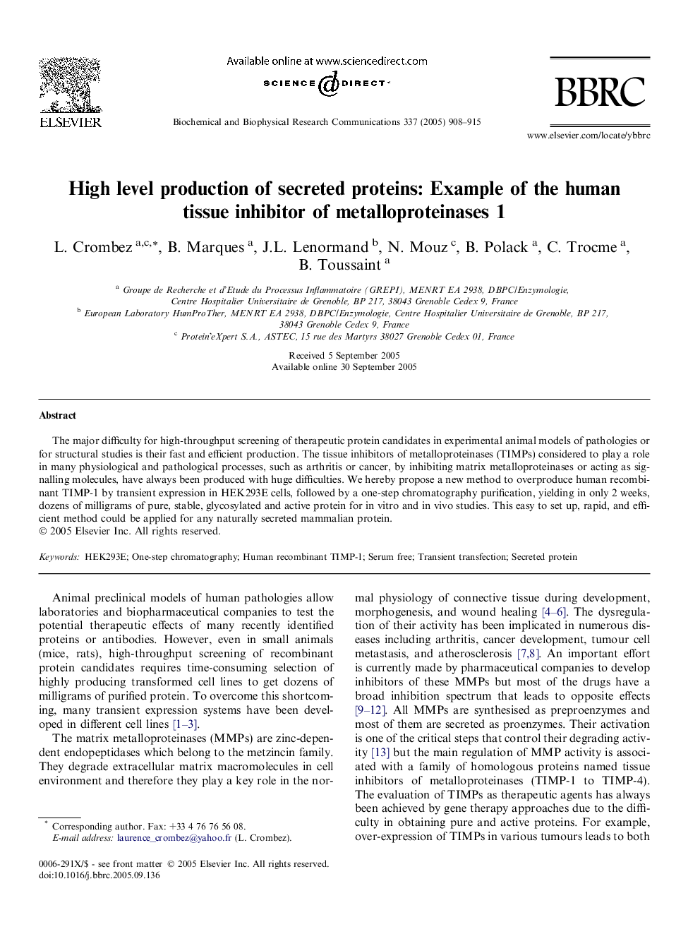 High level production of secreted proteins: Example of the human tissue inhibitor of metalloproteinases 1