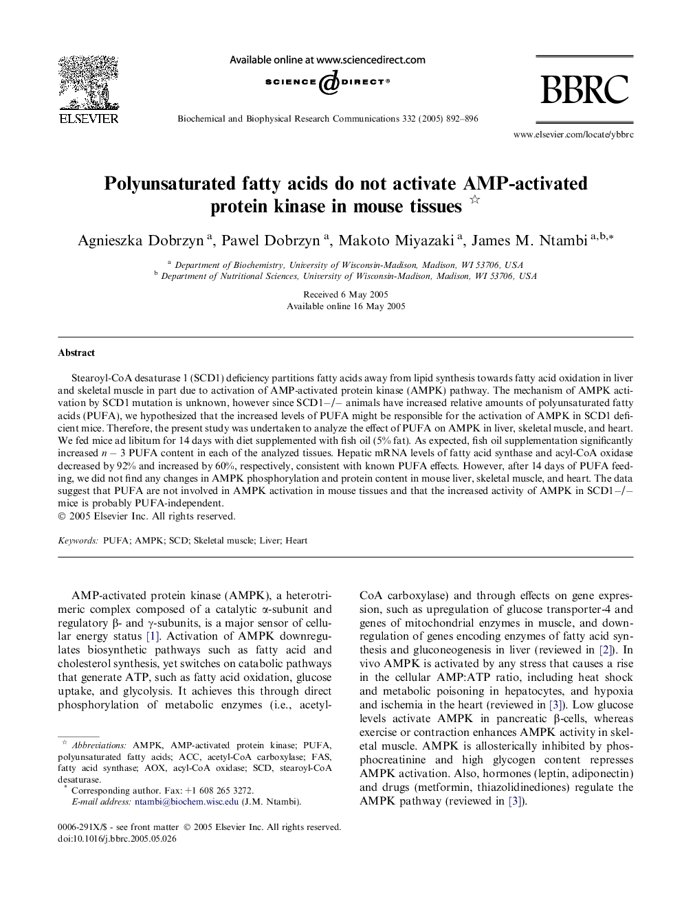 Polyunsaturated fatty acids do not activate AMP-activated protein kinase in mouse tissues