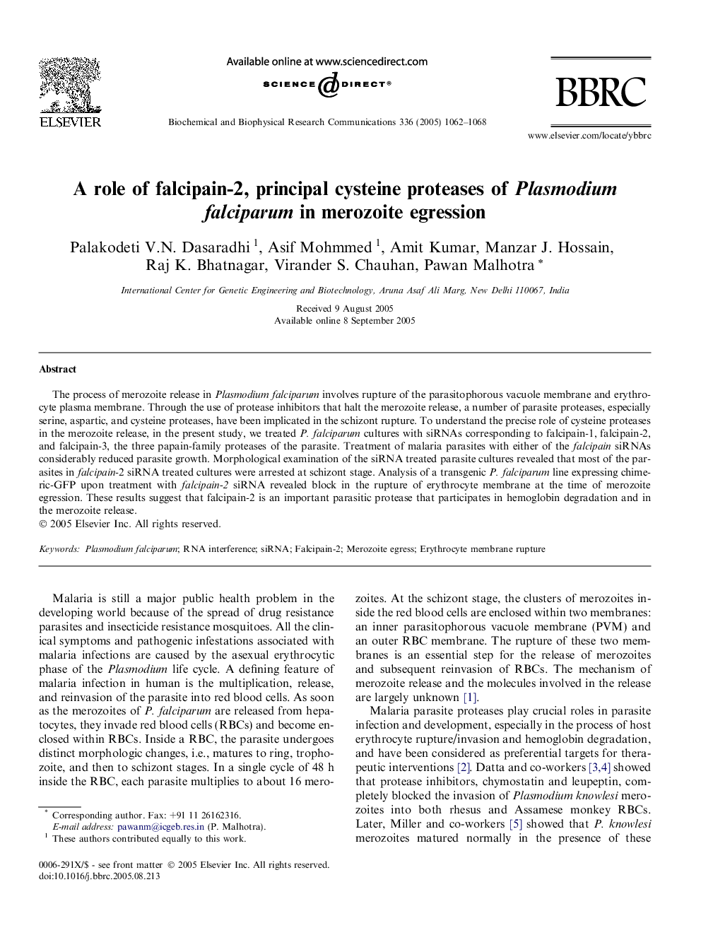 A role of falcipain-2, principal cysteine proteases of Plasmodium falciparum in merozoite egression