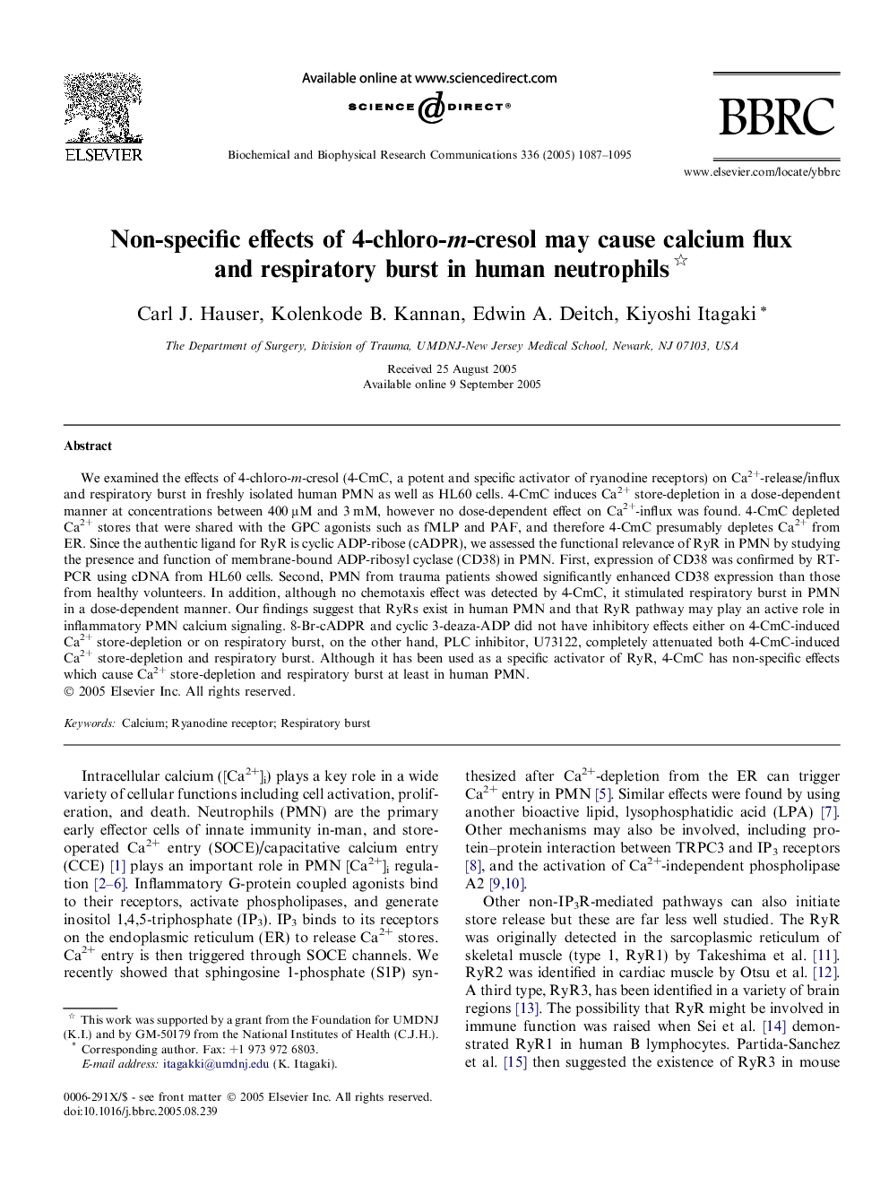 Non-specific effects of 4-chloro-m-cresol may cause calcium flux and respiratory burst in human neutrophils