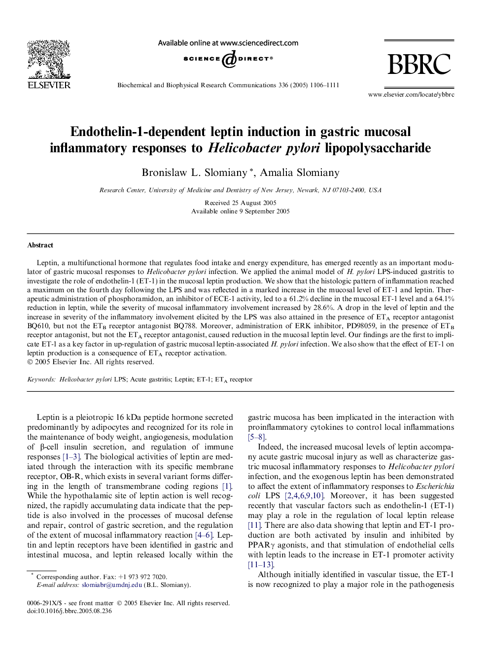 Endothelin-1-dependent leptin induction in gastric mucosal inflammatory responses to Helicobacter pylori lipopolysaccharide