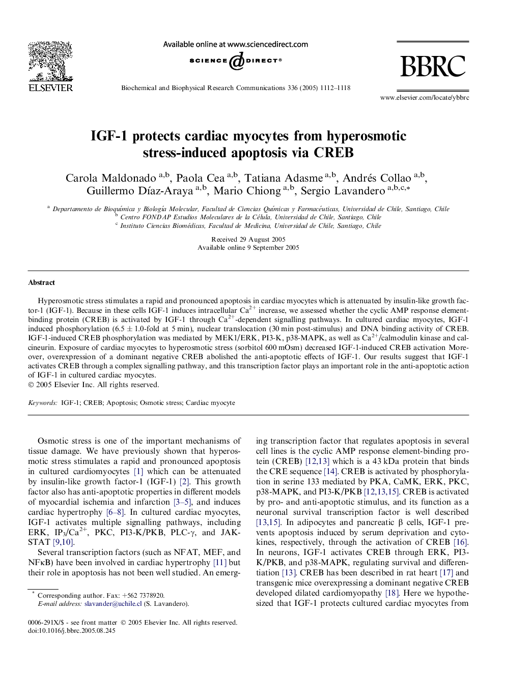 IGF-1 protects cardiac myocytes from hyperosmotic stress-induced apoptosis via CREB