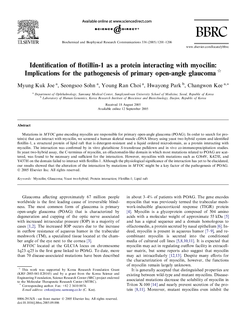 Identification of flotillin-1 as a protein interacting with myocilin: Implications for the pathogenesis of primary open-angle glaucoma