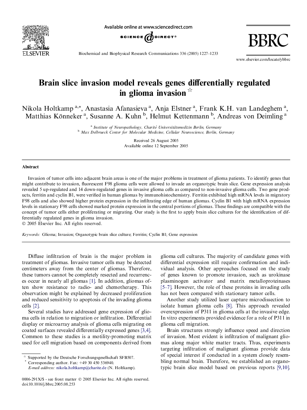 Brain slice invasion model reveals genes differentially regulated in glioma invasion