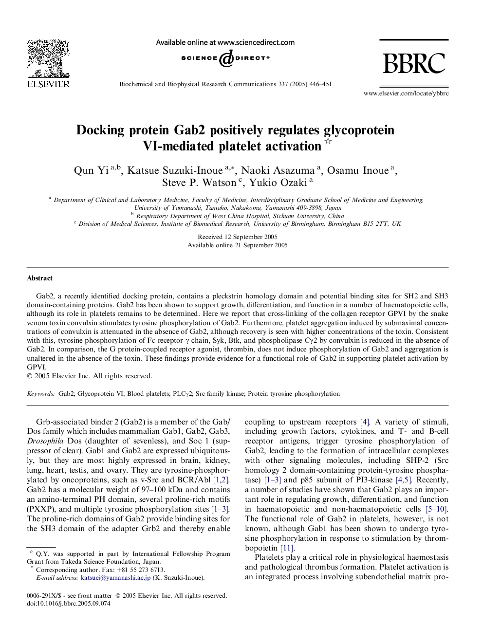 Docking protein Gab2 positively regulates glycoprotein VI-mediated platelet activation