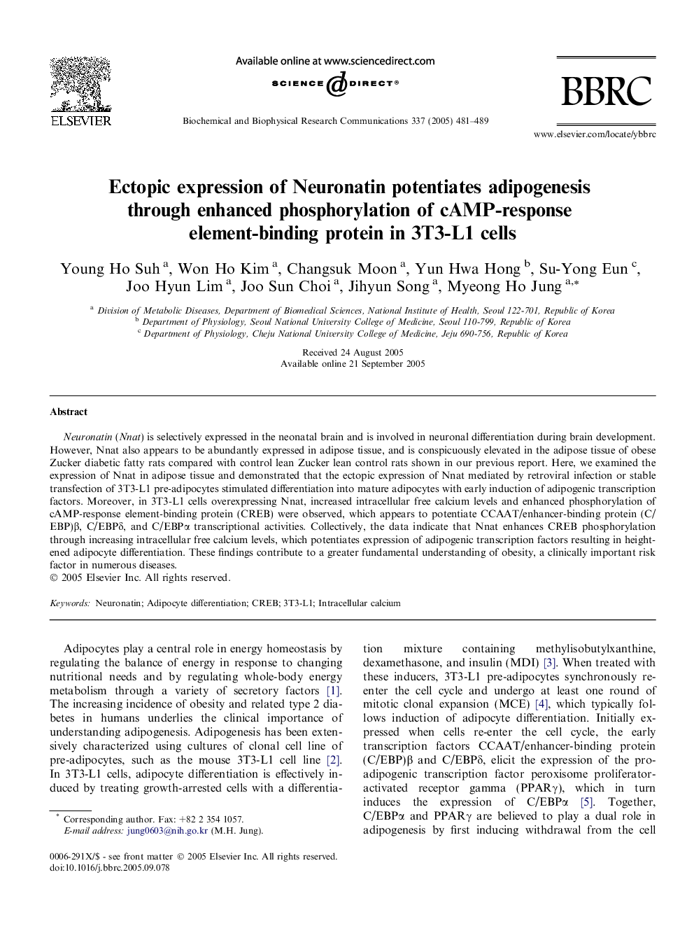 Ectopic expression of Neuronatin potentiates adipogenesis through enhanced phosphorylation of cAMP-response element-binding protein in 3T3-L1 cells