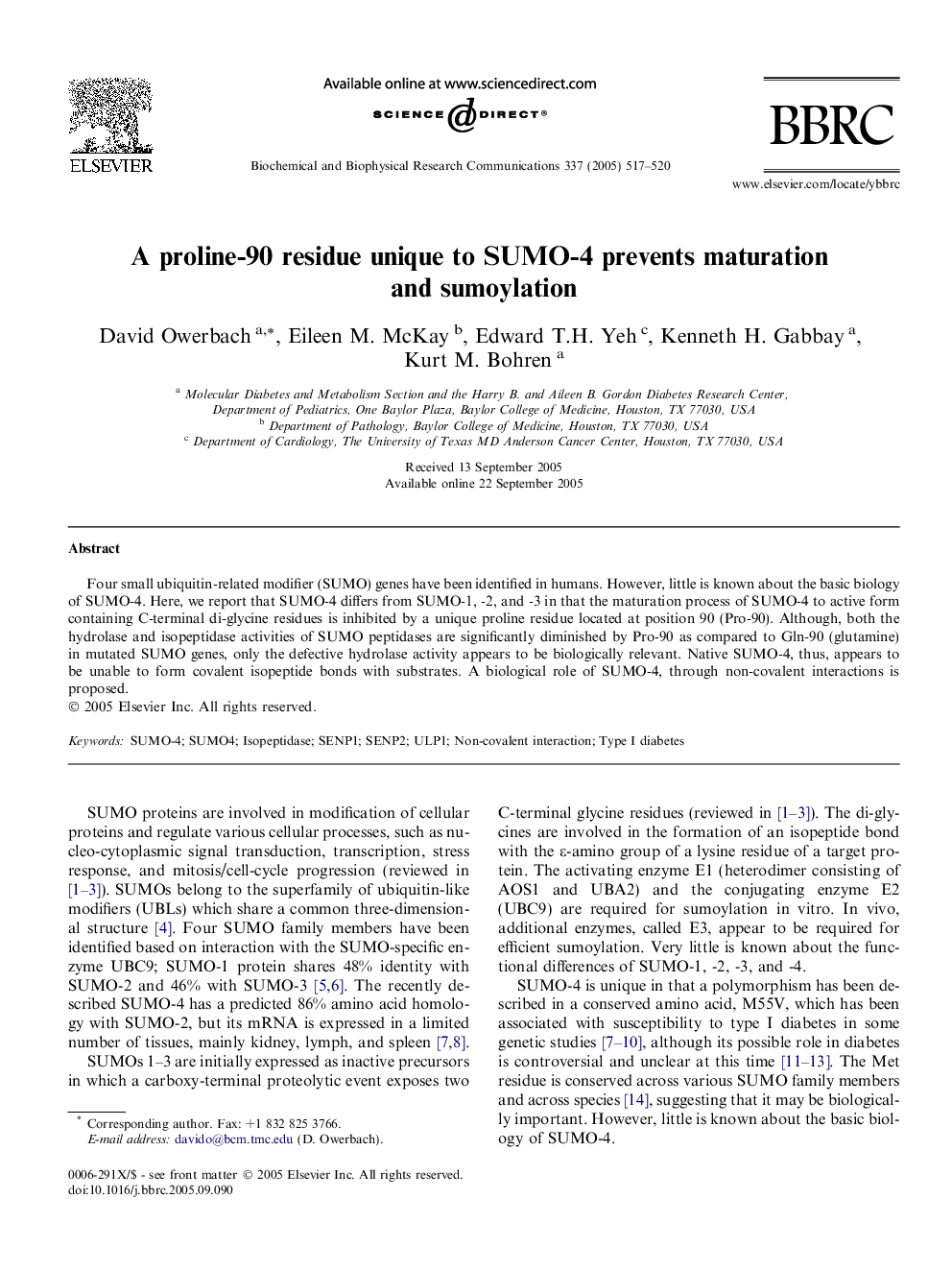 A proline-90 residue unique to SUMO-4 prevents maturation and sumoylation