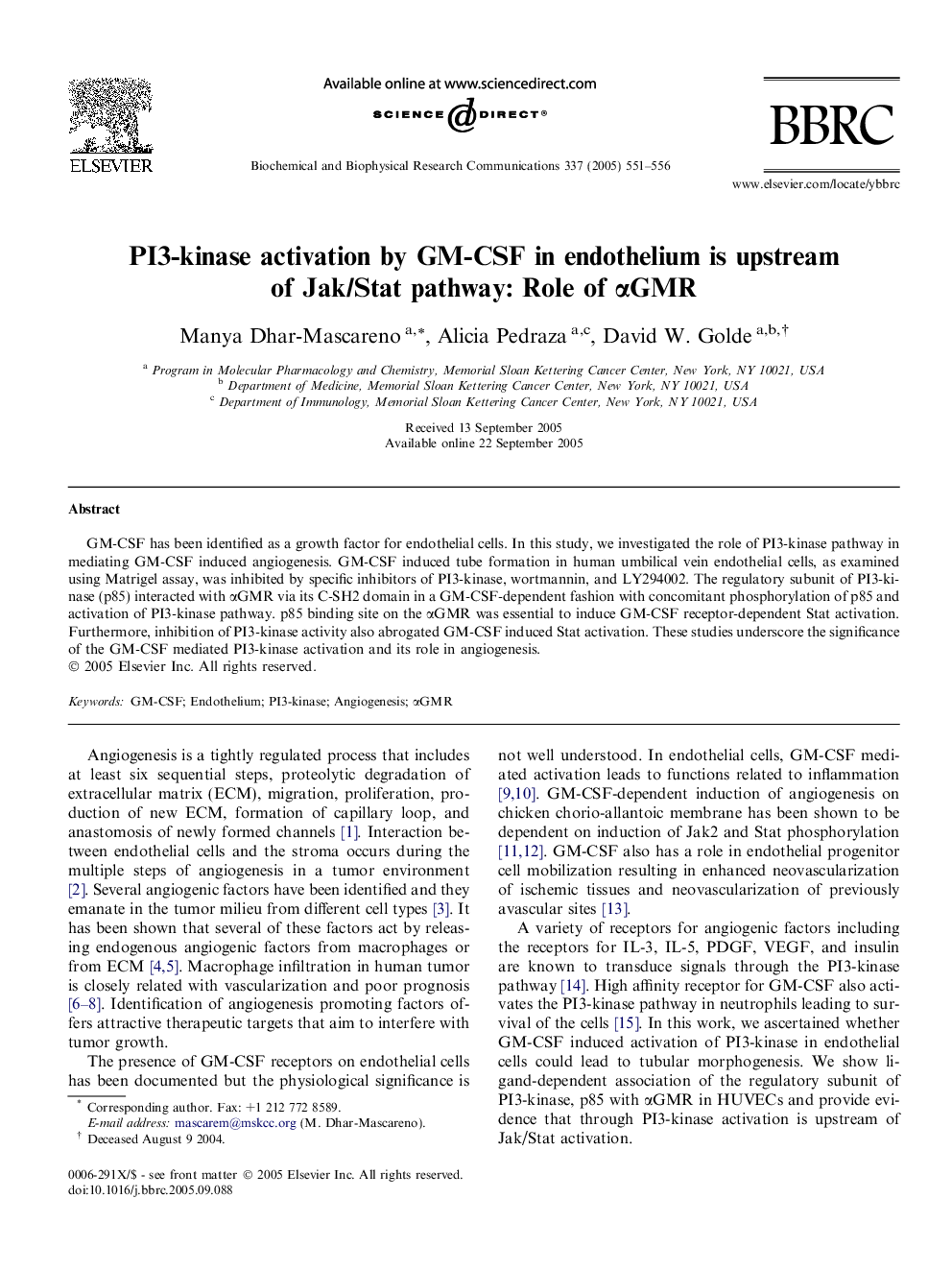 PI3-kinase activation by GM-CSF in endothelium is upstream of Jak/Stat pathway: Role of Î±GMR