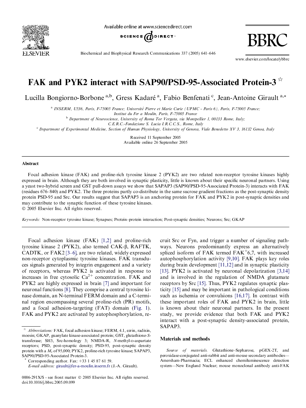 FAK and PYK2 interact with SAP90/PSD-95-Associated Protein-3