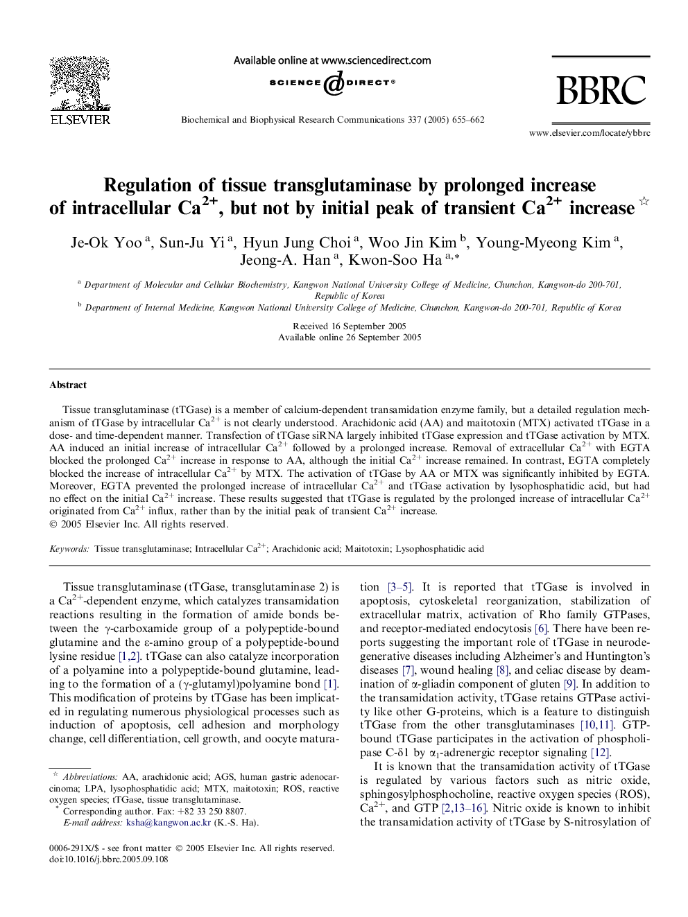 Regulation of tissue transglutaminase by prolonged increase of intracellular Ca2+, but not by initial peak of transient Ca2+ increase