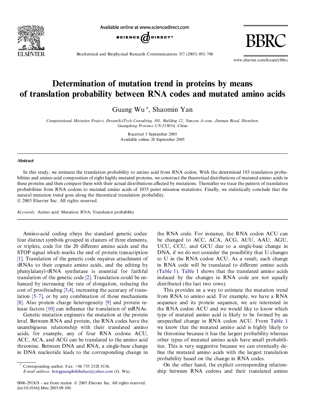 Determination of mutation trend in proteins by means of translation probability between RNA codes and mutated amino acids