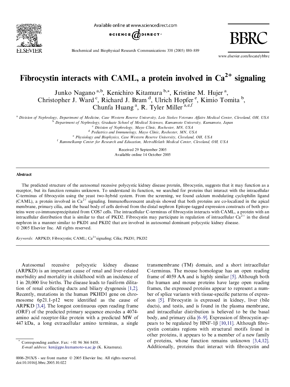 Fibrocystin interacts with CAML, a protein involved in Ca2+ signaling