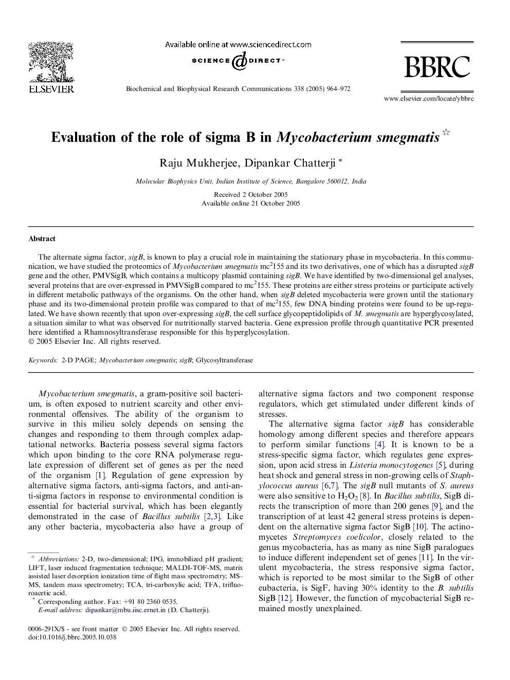 Evaluation of the role of sigma B in Mycobacterium smegmatis