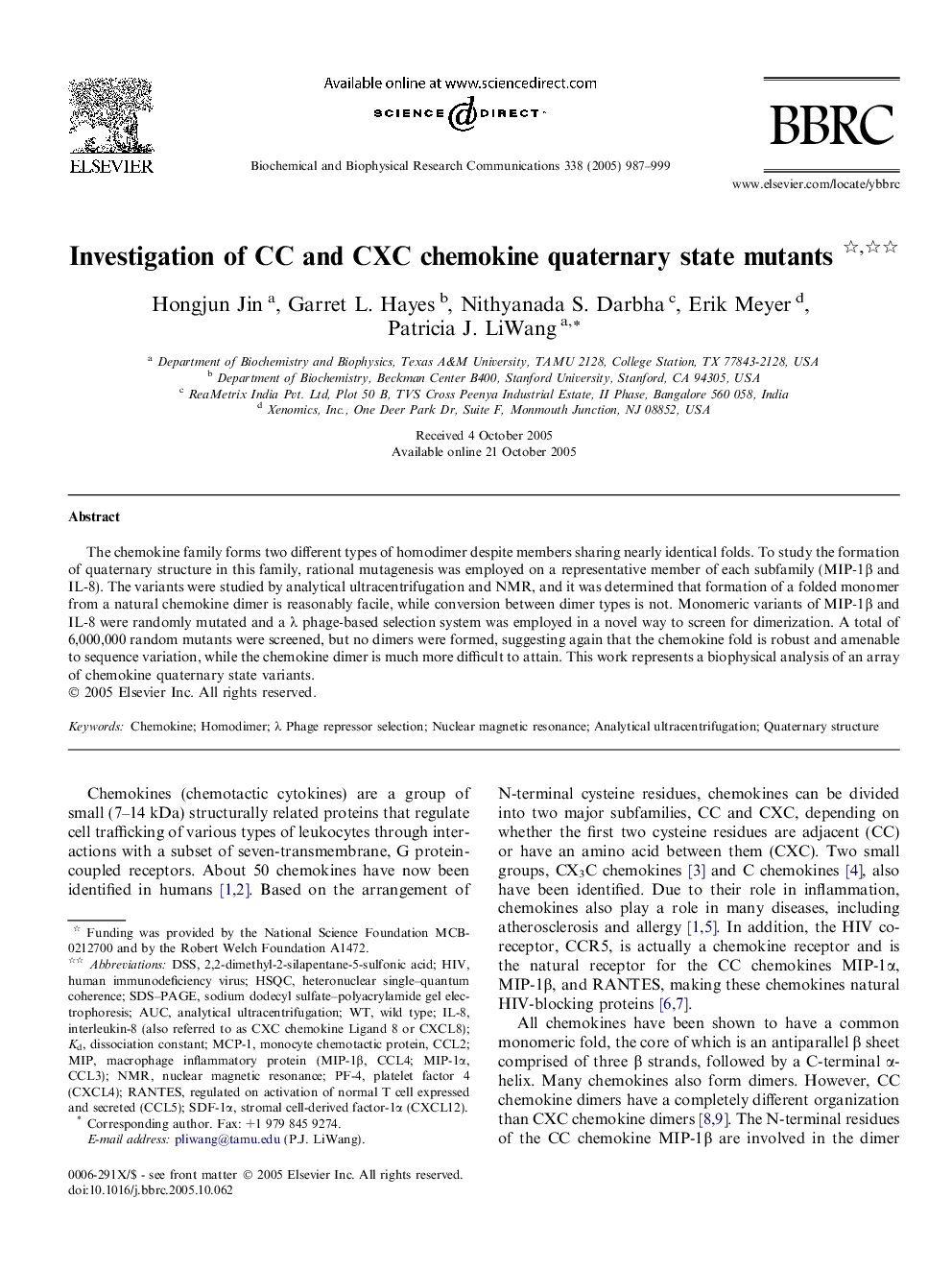 Investigation of CC and CXC chemokine quaternary state mutants