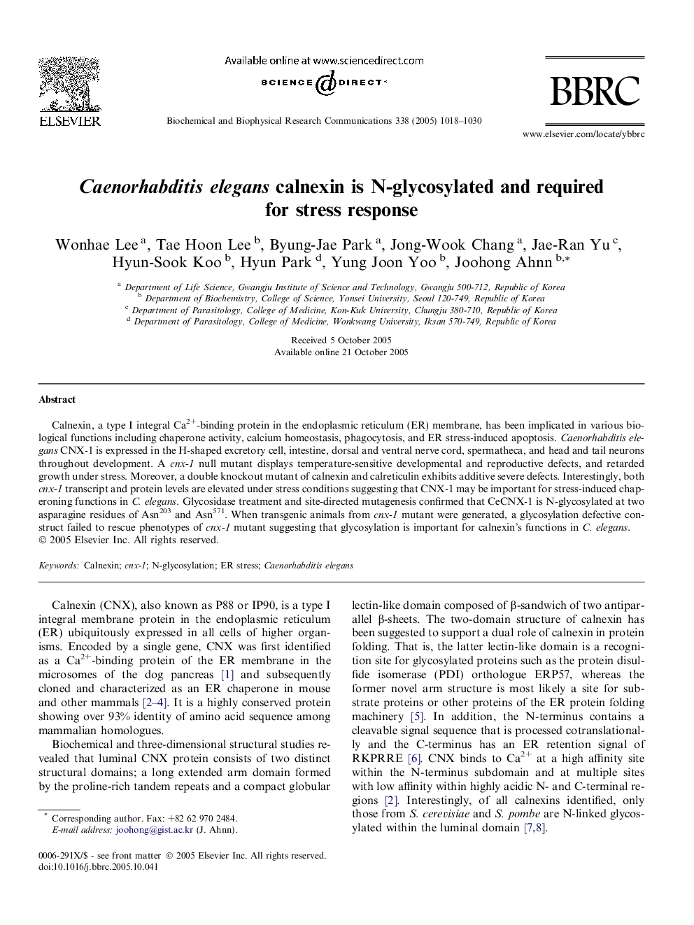 Caenorhabditis elegans calnexin is N-glycosylated and required for stress response