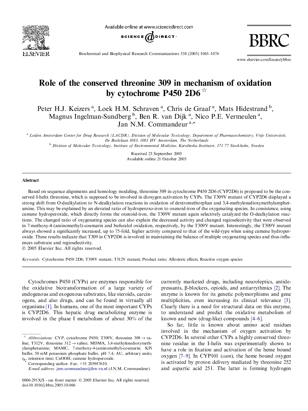 Role of the conserved threonine 309 in mechanism of oxidation by cytochrome P450 2D6