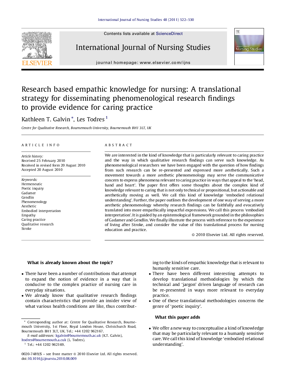 Research based empathic knowledge for nursing: A translational strategy for disseminating phenomenological research findings to provide evidence for caring practice