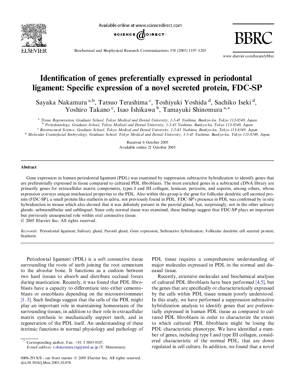 Identification of genes preferentially expressed in periodontal ligament: Specific expression of a novel secreted protein, FDC-SP