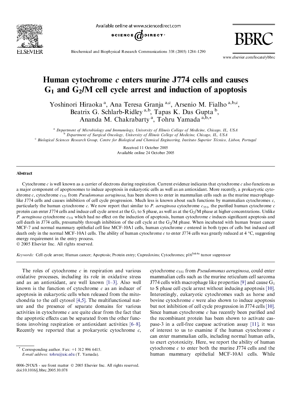 Human cytochrome c enters murine J774 cells and causes G1 and G2/M cell cycle arrest and induction of apoptosis