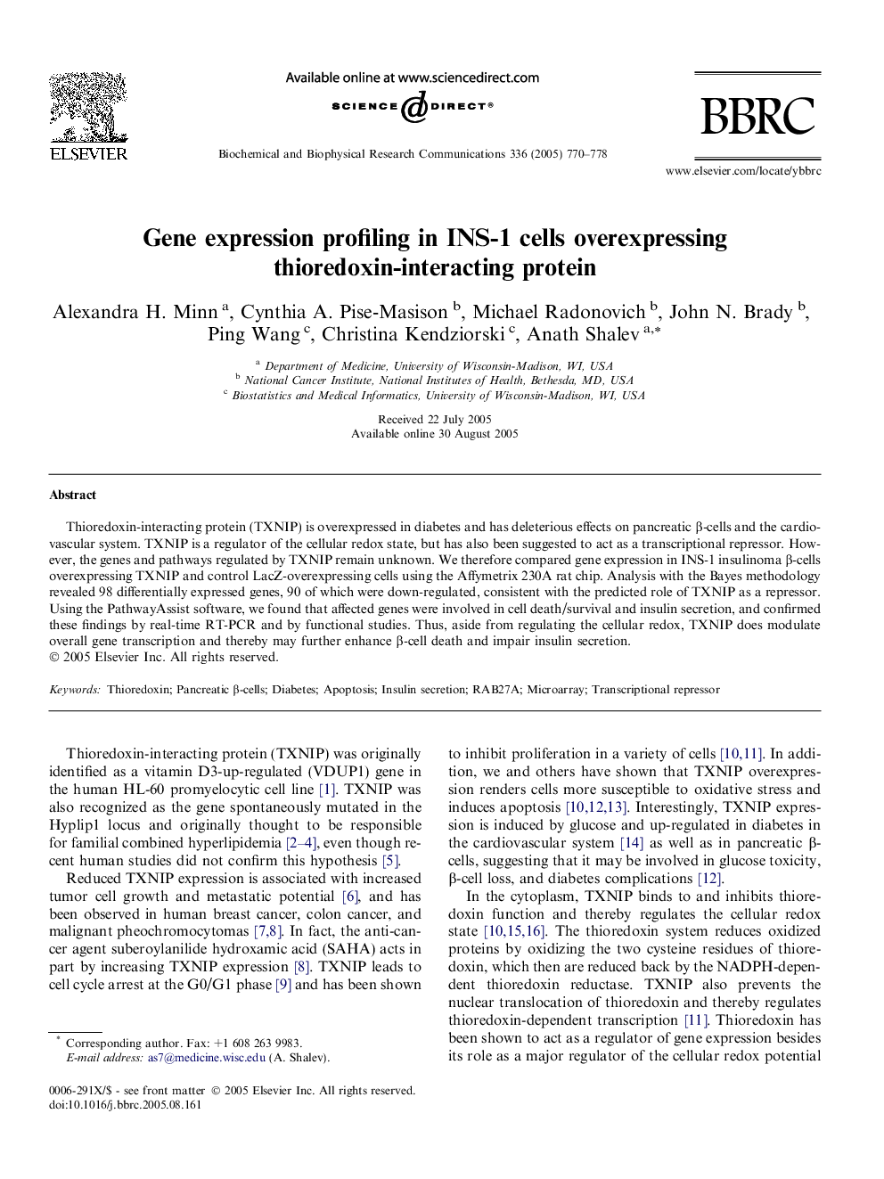 Gene expression profiling in INS-1 cells overexpressing thioredoxin-interacting protein