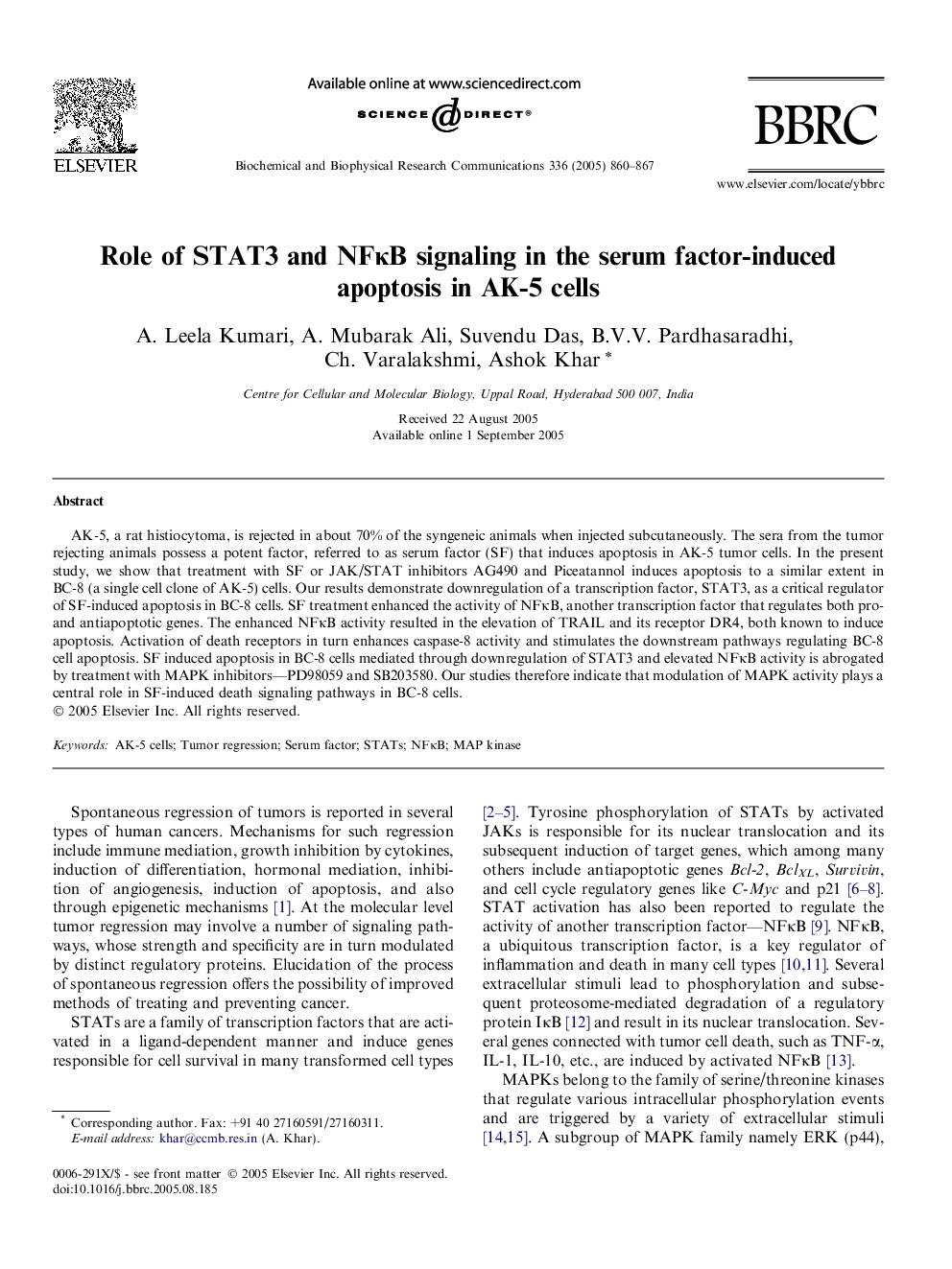 Role of STAT3 and NFÎºB signaling in the serum factor-induced apoptosis in AK-5 cells