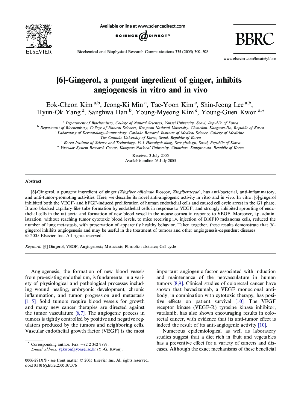 [6]-Gingerol, a pungent ingredient of ginger, inhibits angiogenesis in vitro and in vivo