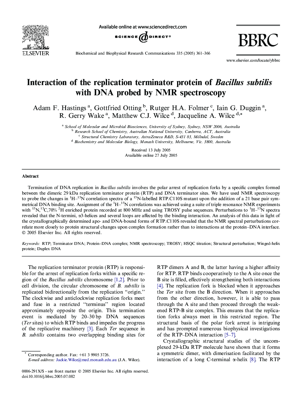 Interaction of the replication terminator protein of Bacillus subtilis with DNA probed by NMR spectroscopy