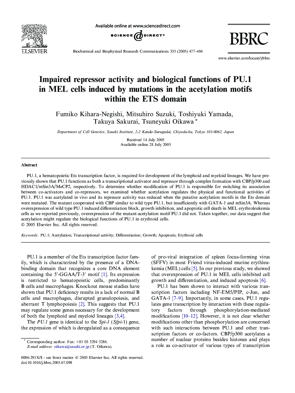 Impaired repressor activity and biological functions of PU.1 in MEL cells induced by mutations in the acetylation motifs within the ETS domain